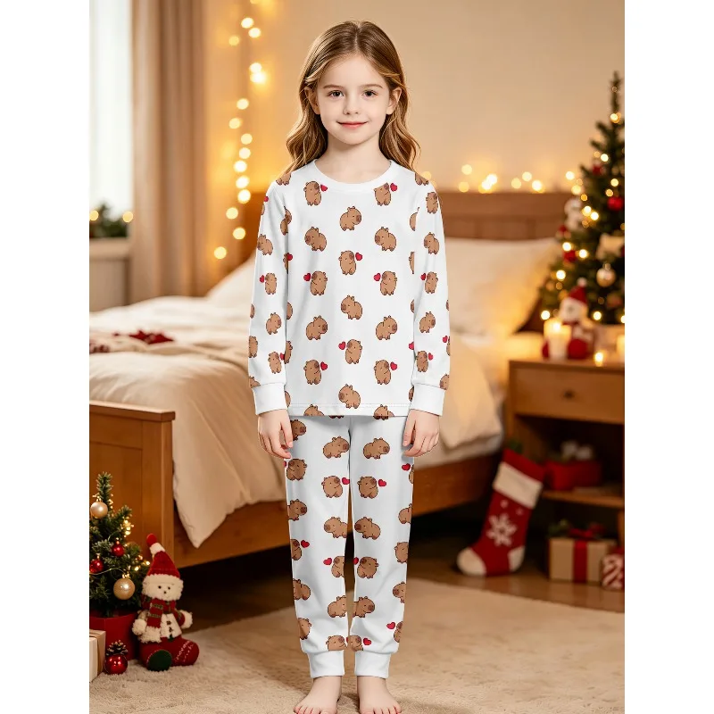 Girls Long Sleeve Crew Neck Pajama Set, Assorted Capybara Dachshund Spider Halloween Prints, Perfect Birthday Xmas Gift