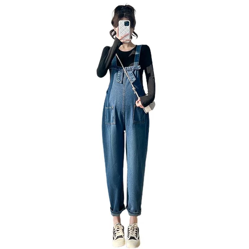 Preppy Style Pregnant Women's Denim Clothes Sets Black Long Sleeve T-shirt+Jumpsuits Two-piece Set Vintage Maternity Jeans Suits