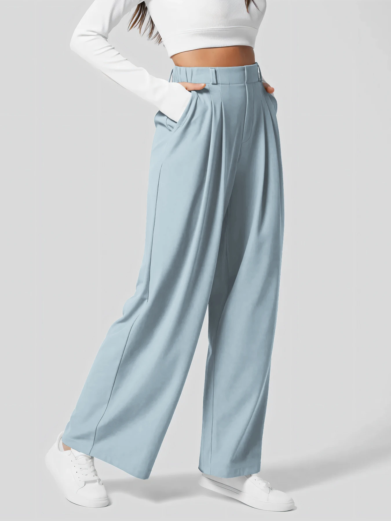 Damenhose, karierte, figurbetonte Hose mit weitem Bein und Taschen, hochtaillierte, lässige, figurbetonte Hose mit weitem Bein für Damen. – Detail 37