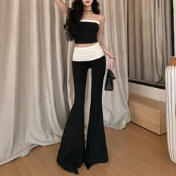 2024 Summer New Korean Contrast Color Patchwork Sexy Backless Camisole Women + High Waist Casual Wide Leg Pants Two-piece Suit