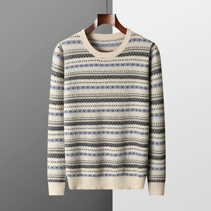 Suéter retrô de cashmere de malha jacquard masculino, casaco acolchoado com gola redonda, casaco solto, outono e inverno, 100% lã merino, novo