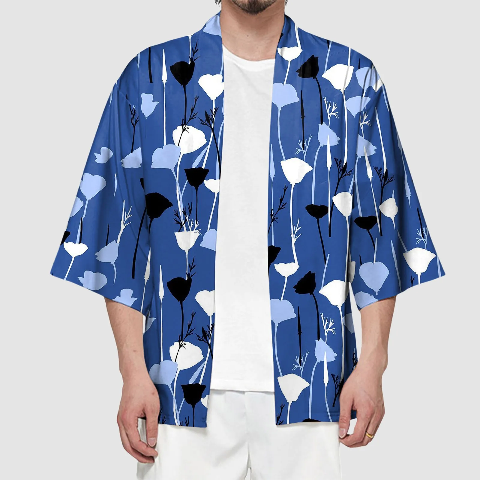 

2024 Male Spring Summer Semi Cardigan Half Sleeve Printed Collarless Antique Japanese Haori Kimono Cool Beach Shirts for Men