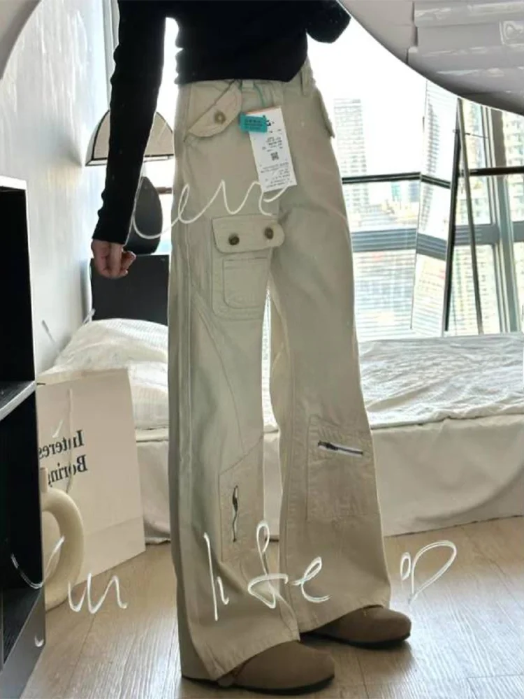 

Женские джинсовые брюки цвета хаки больших размеров, осенние, с широкими штанинами, рабочие, с высокой талией, прямые, для полных женщин, 300 Pou