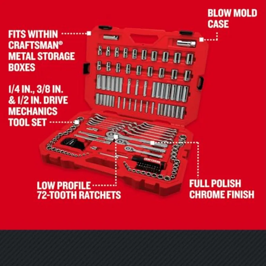 Socket Set, 159 Piece Socket Wrench Set Mechanics Tools 1/4-in., 3/8-in., and 1/2-in,6 Point and 12 Point (CMMT12125