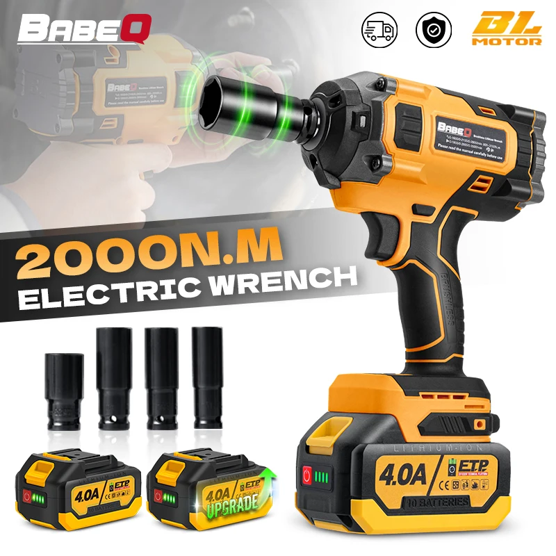 

BABEQ 2000N.M Torque Cordless Electric Wrench 4.0A Battery 1/2 Inch Socket Brushless Impact Wrench Wheel Removal Power Tools