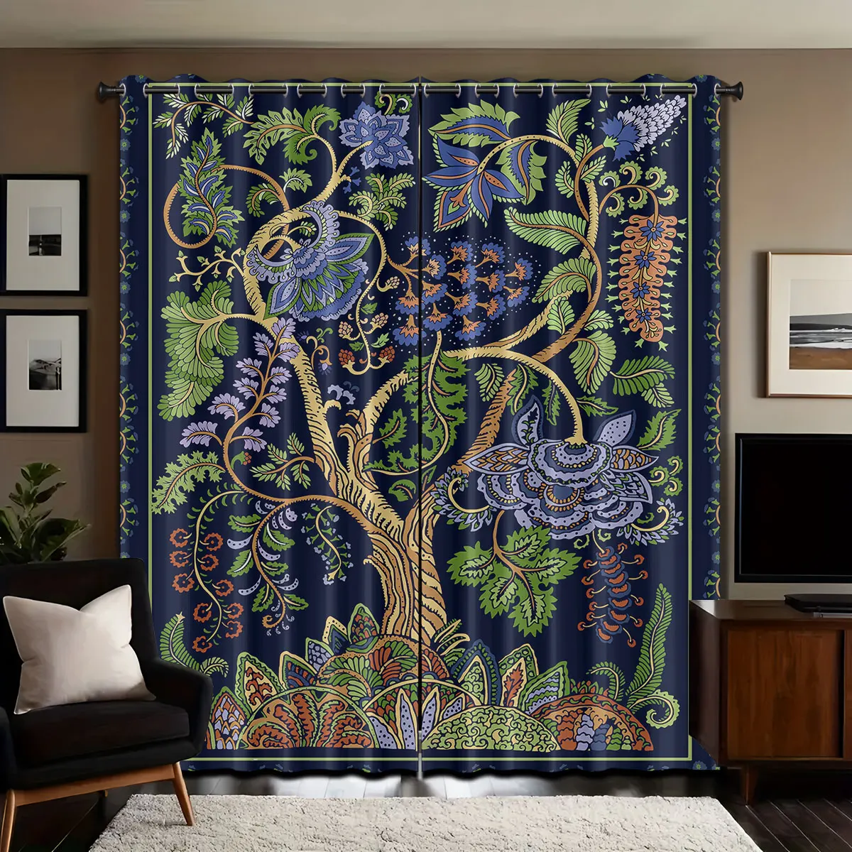 2 Stück Bohemian Tree Animal Boho Hippie Print Perforierter Verdunkelungsvorhang in verschiedenen Größen für Wohnzimmer und Schlafzimmer, Isolierungsdekoration