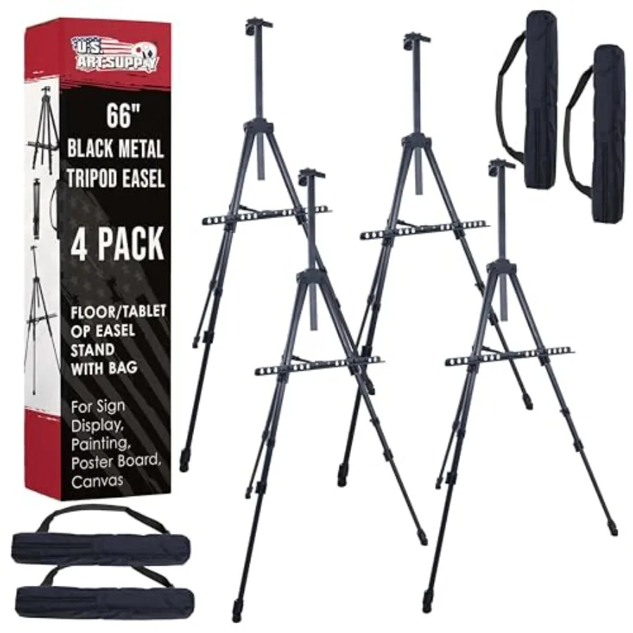 

66" Black Metal Tripod Easel Display 4 Pack - Adjustable 20"- 5.5' Holds 32" Canvas - Floor/Tabletop Easel Stand for Sign Displ