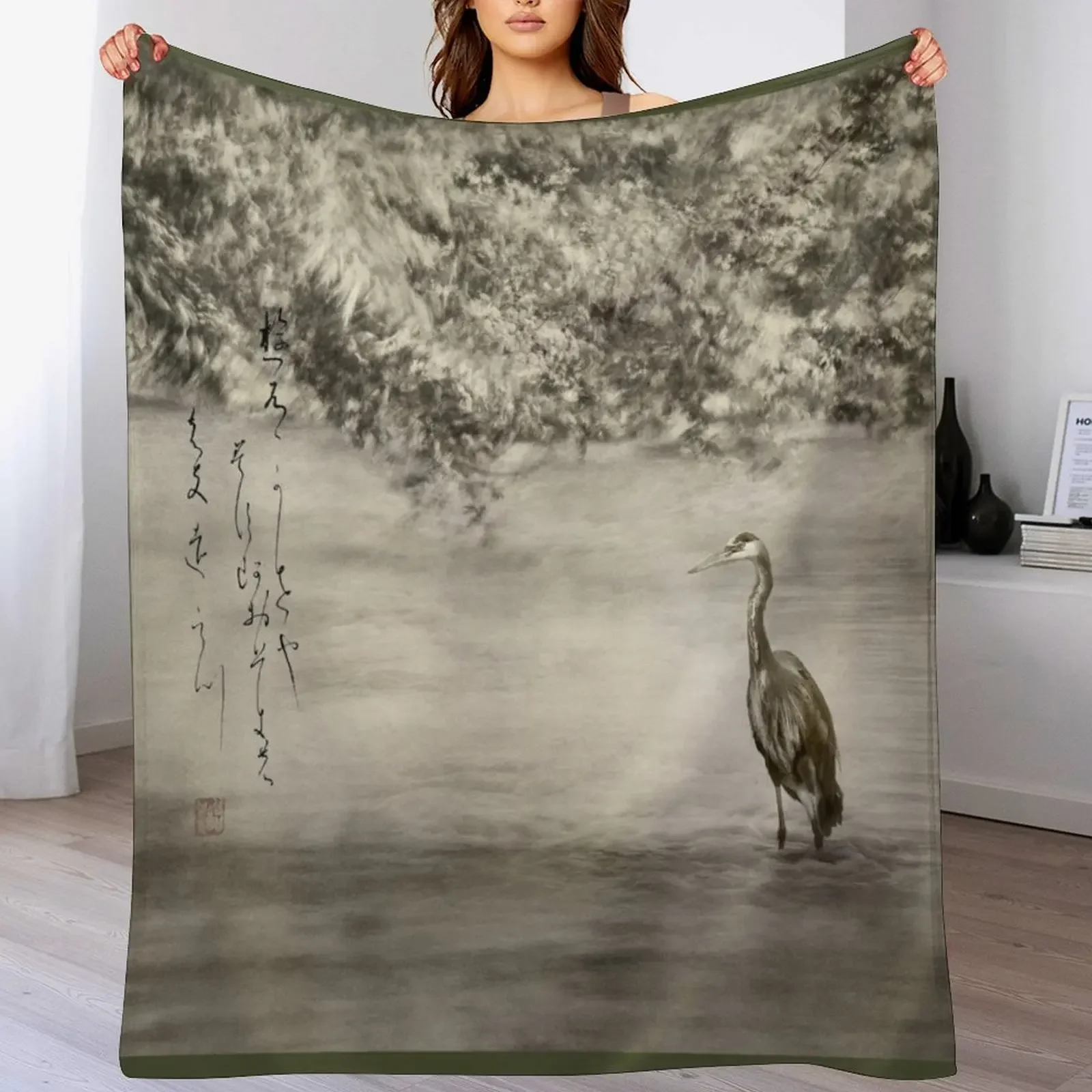 Pond and Heron Poetry Haiga - Haiku yuu kaze ya Throw Blanket Luxury Thicken warm for winter Thermals For Travel Blankets