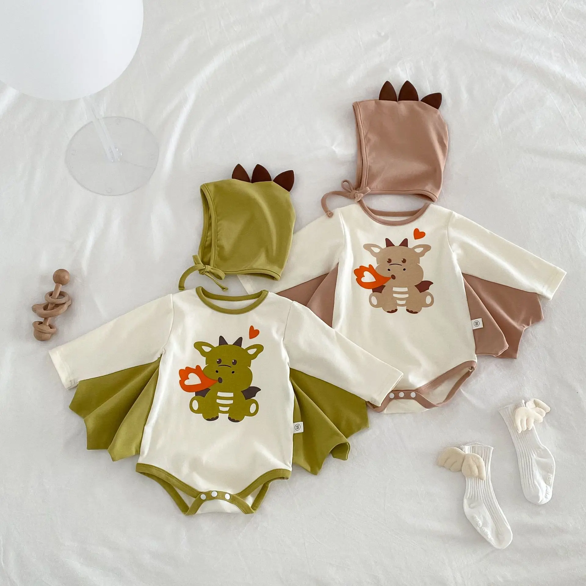 Autumn Baby Bodysuit +Hat 2Pcs Infant Boy Girl Clothes Toddler Cartoon One Piece Jumpsuit Cute Fire Dragon Style Newborn Onesie