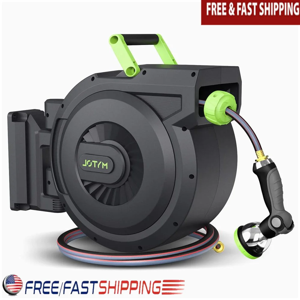 100ft Retractable Garden Hose Reel Wall Mount Automatic Slow Rewind Lock System