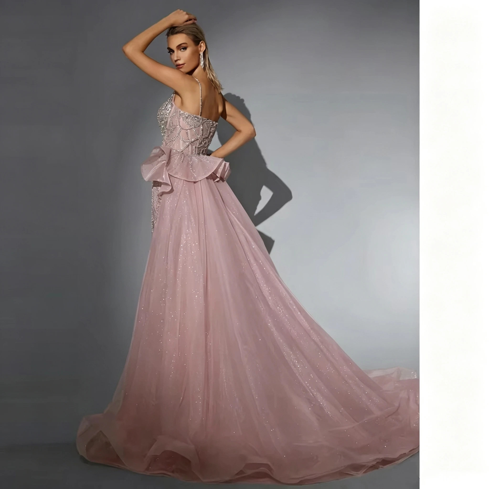 Mermaid 2027 Customized Pink Evening Dress Spaghetti Strap Diamond Beads Ball Dress Detachable Tail Tulle Wedding Party Dress