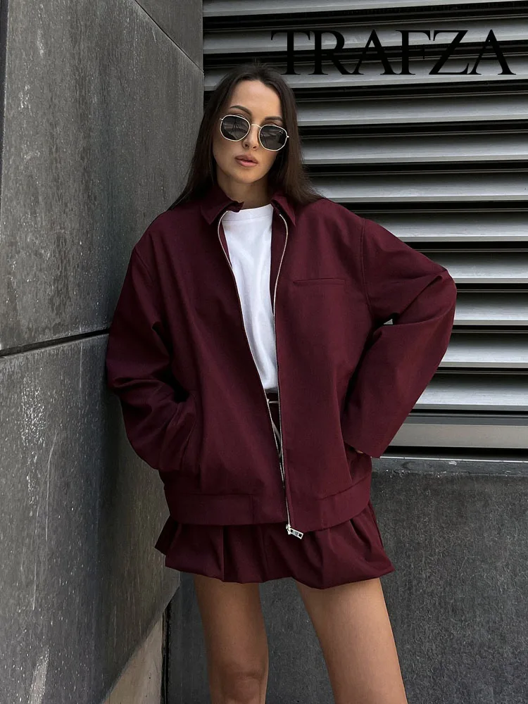 TRAFZA Women Fashion Suits Wine Red Turn-Down Collar Long Sleeves Zipper Jackets+High Waist Pockets Lace-Up Skirt Female Sets