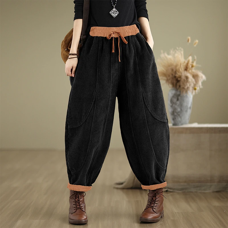 Fashion Women's Winter And Autumn Winter Fleece Thickened Elastic Waist Harem Pants Solid Color Corduroy Drawstring Trousers