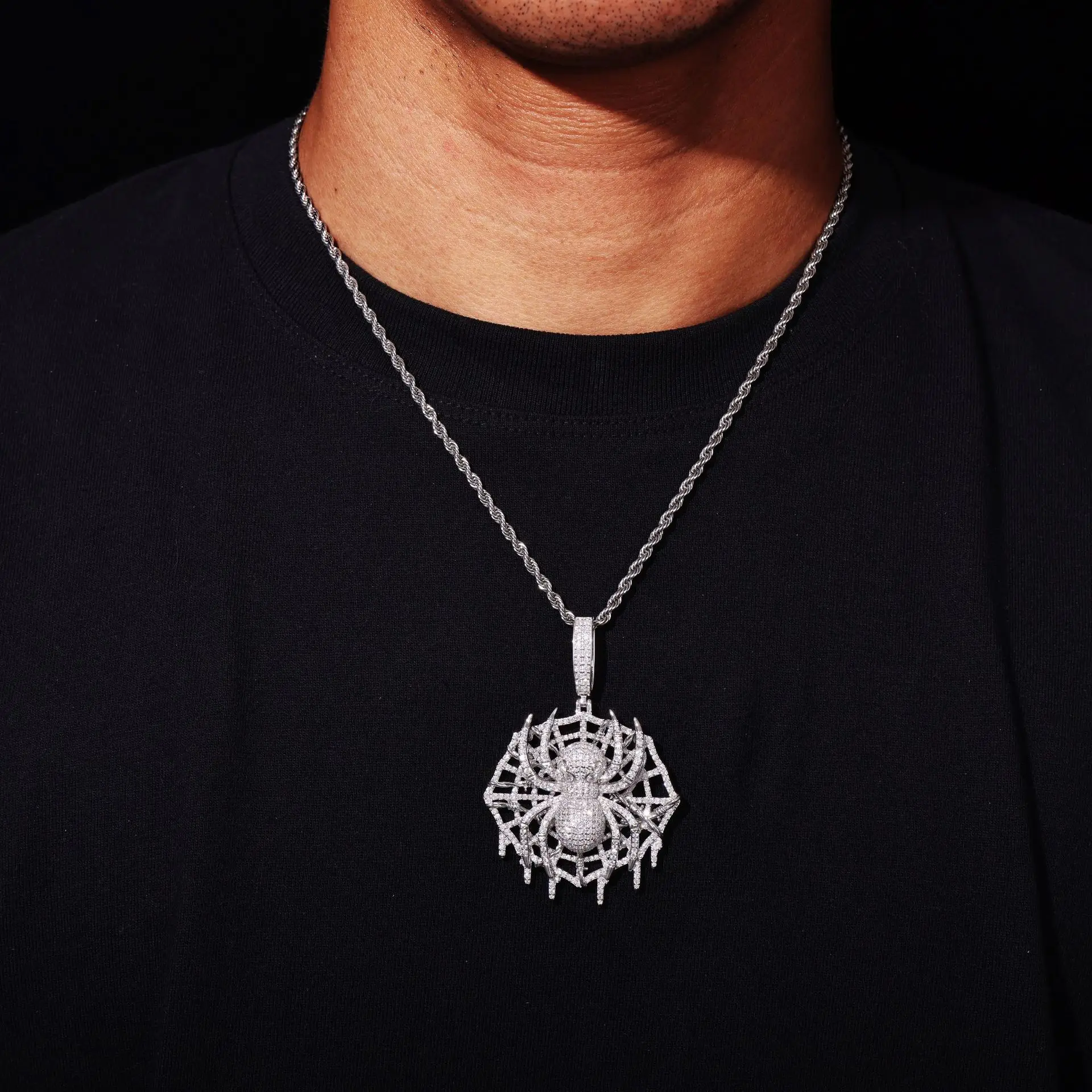 925 Sterling Silver Moissanite Spider Pendant Necklace, Men Hip Hop Iced Out Full Micro Paved Spider & Web Charm, Silver Bling Statement Pendant, Rapper Gothic Jewelry for Party Club Gift