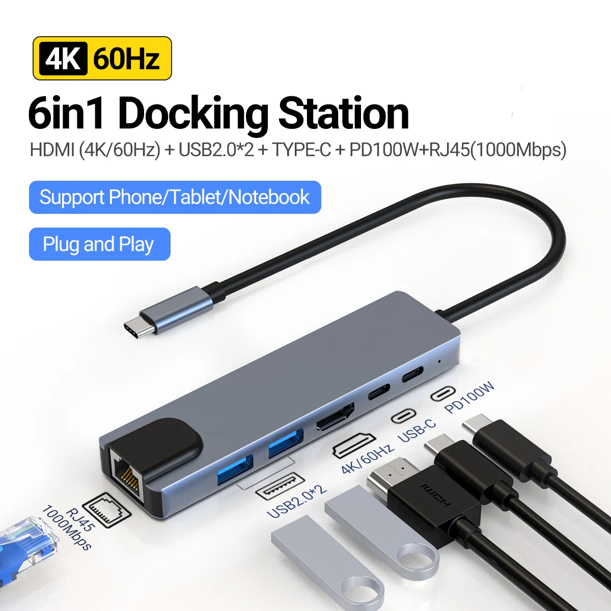 6 w 1 Hub USB do 4K HDMI 100Mbps Ethernet PD100W ładowanie portów USB 3.0 2.0 dla MacBook Pro MacBook Air iPad Pro 12.9