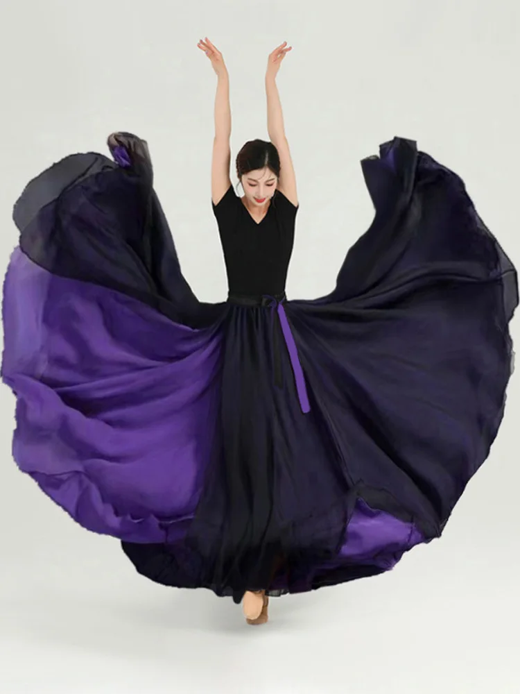 720 Degree Chiffon Skirt Ballet Belly Dance Women Gypsy Long Skirts Dancer Practice Wear Assorted Solid Purple Gold Dance Skirt