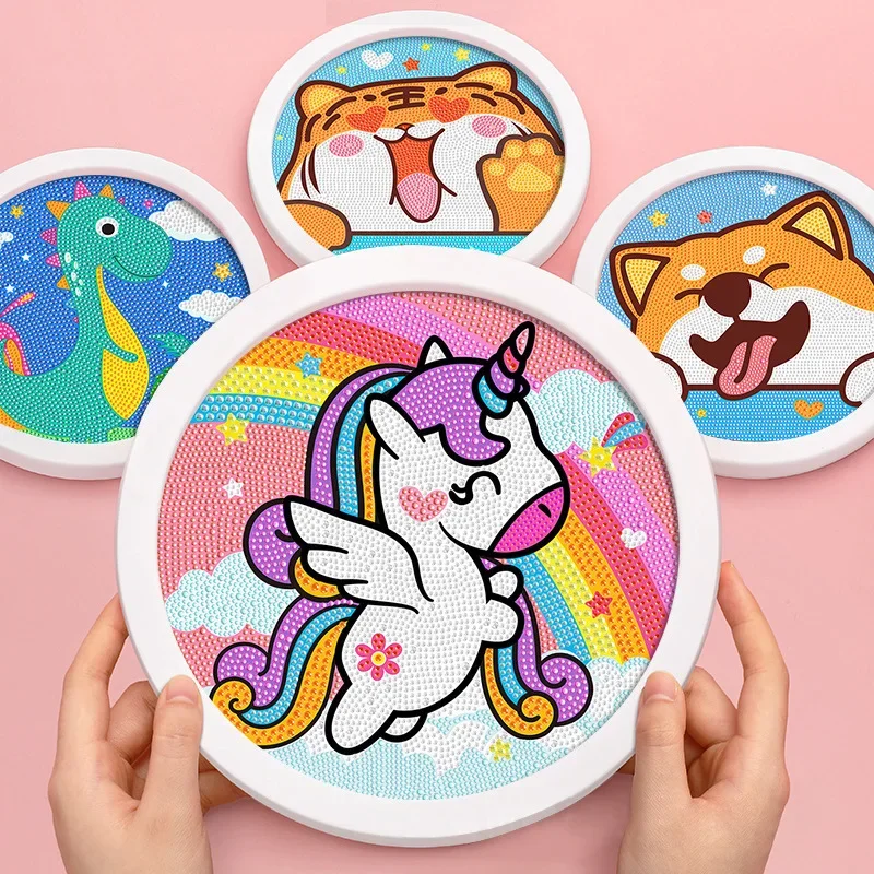 Round frame unicorn diamond painting kitten children\'s handmade dinosaur creative diamond stickers tiger diy point diamond paint