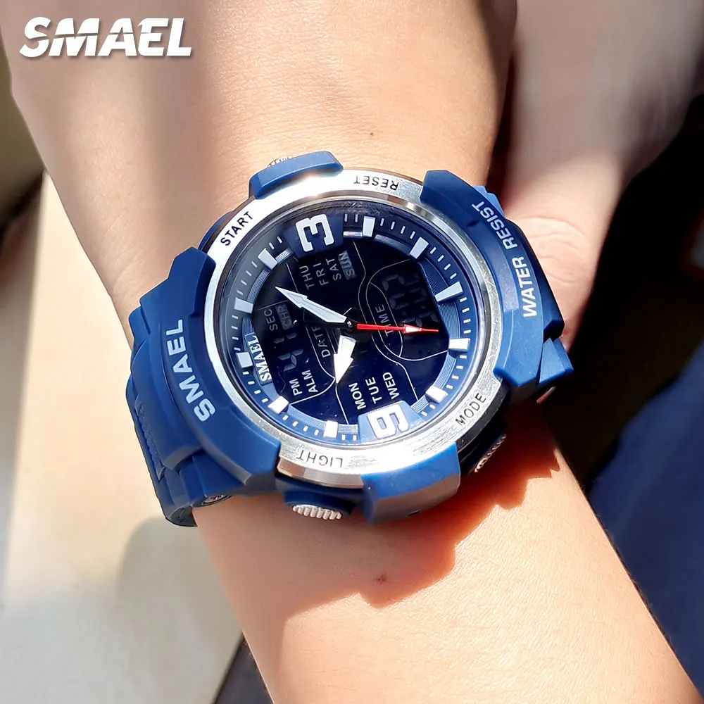 SMAEL Electronic Digital Watch for Men Fashion Chronograph Waterproof Quartz Wristwatch with Blue Rubber Strap Date Week 1912