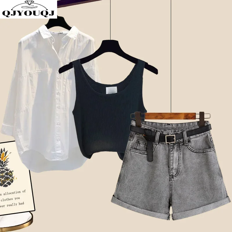 

Spring and summer new set of thin sunscreen shirt+fashionable vest+denim shorts three piece set