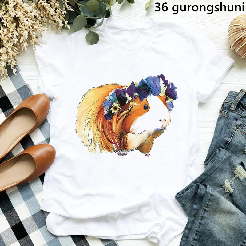 

Summer Style Watercolor Guinea Pig Flowers Animal Print T Shirt Women Funny White Tshirt Femme Harajuku Kawaii Clothes Top Shirt