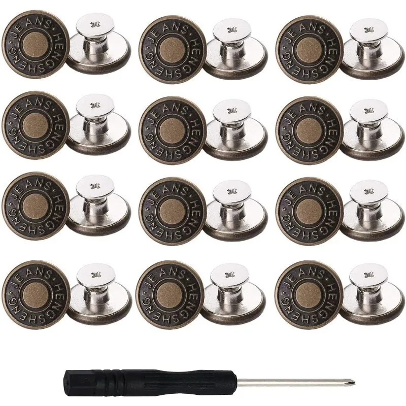 12 Pcs No-Sew Jeans Buttons - Detachable Adjustable Metal Replacement Buttons for Jeans
