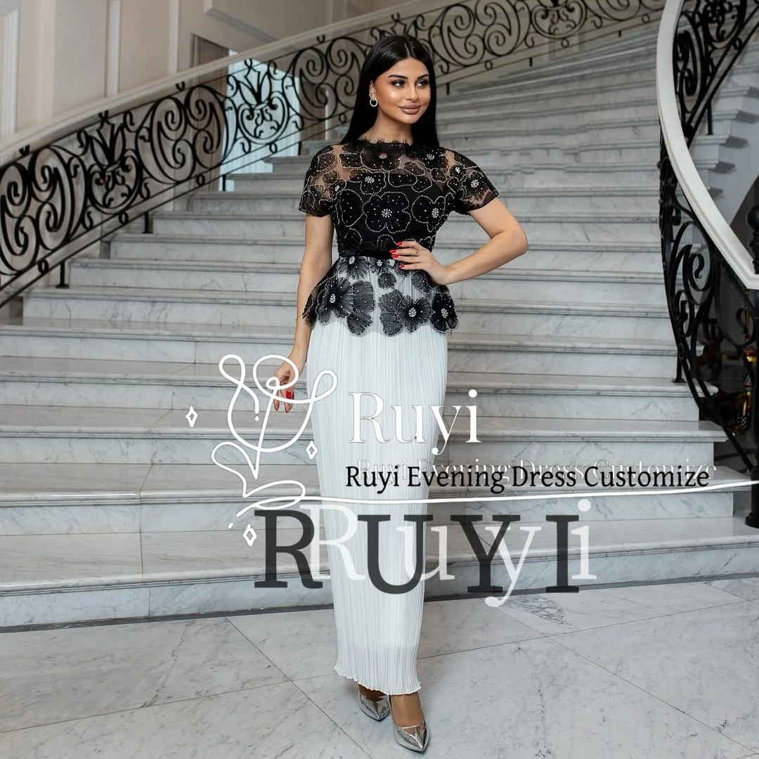 

Customized Floral Lace Vintage Short Sleeves Prom Dresses for Special Occasion Sheath Evening Dress Elegant Party Gown