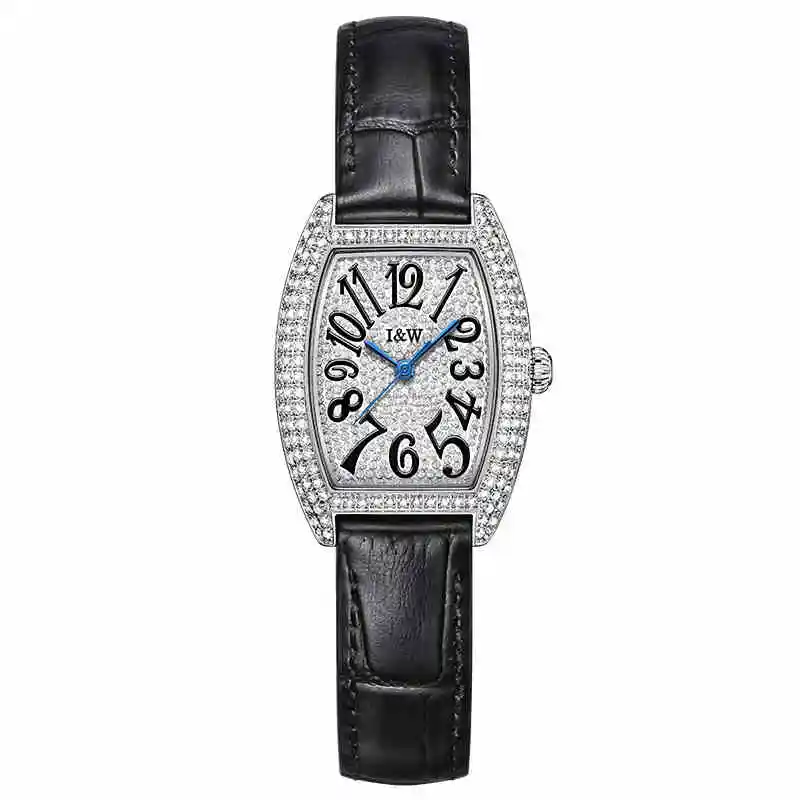 I & W-Montres Tonneau pour Femme, Mouvement Quartz Importé, Lunette Diamants, Bracelet Cuir, Étanche, Mode