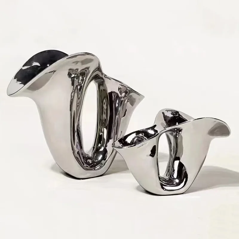 Ceramic Vase Open Silver Flower Irregular Geometry Floral Arrangement Accessories Pot Home Decoration