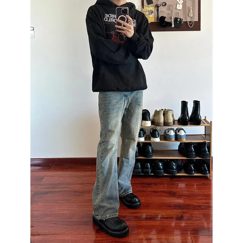 

Retro Blue Knife Slim Fit Jeans Men's mid High Waist American Sle High Street Vibe Long Pants Cotton Polyester Blend