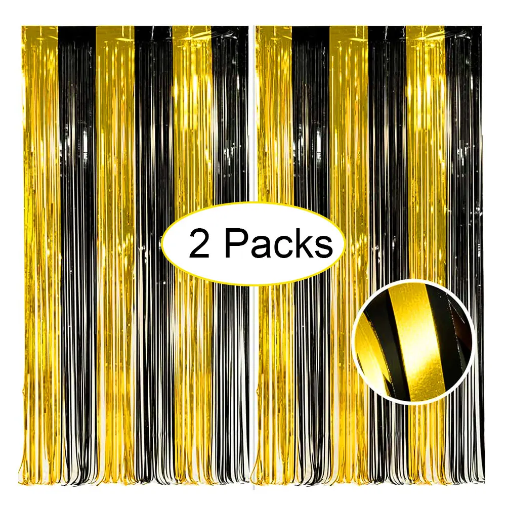 2 Packs Black Gold Fringe Curtians 3.2X8.2ft Metal Gold Black Foil Shimmer Curtain for Birthday Christmas Wedding Backdrop Decor