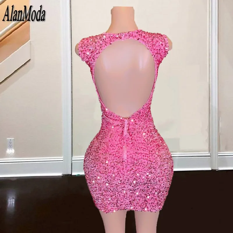 Sparkle Pink Short Prom Dresses 2024 Sequin Rhinestone Sheer O-Neck Beading Birthday Party Gowns Customized Vestidos De Cóctel