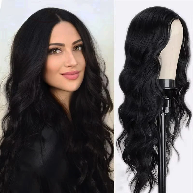 

Модный черный синтетический парик с крупными волнами, длинные кудрявые волосы, пышные длинные волосы, модный парик из термостойкого шелка, полностью закрывающий голову