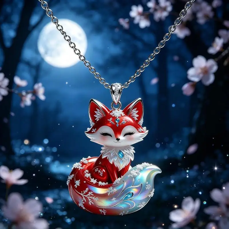Nine Tailed Fox Animal Pendant Necklace 1Pcs Fine Enamel Craft Cute Cartoon Design Fashion Jewelry for Kids Birthday Gift