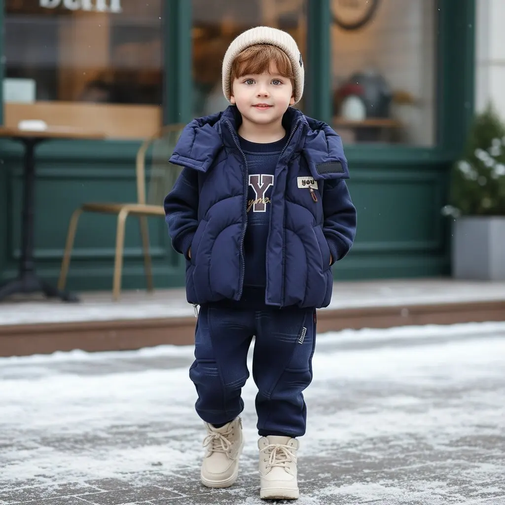 Boys Warm Clothes Sets Winter Children Down Hoodies Vest Thick Velvet Sweatshirts Pants 3pcs Casual Suit For Baby Tracksuits Kid