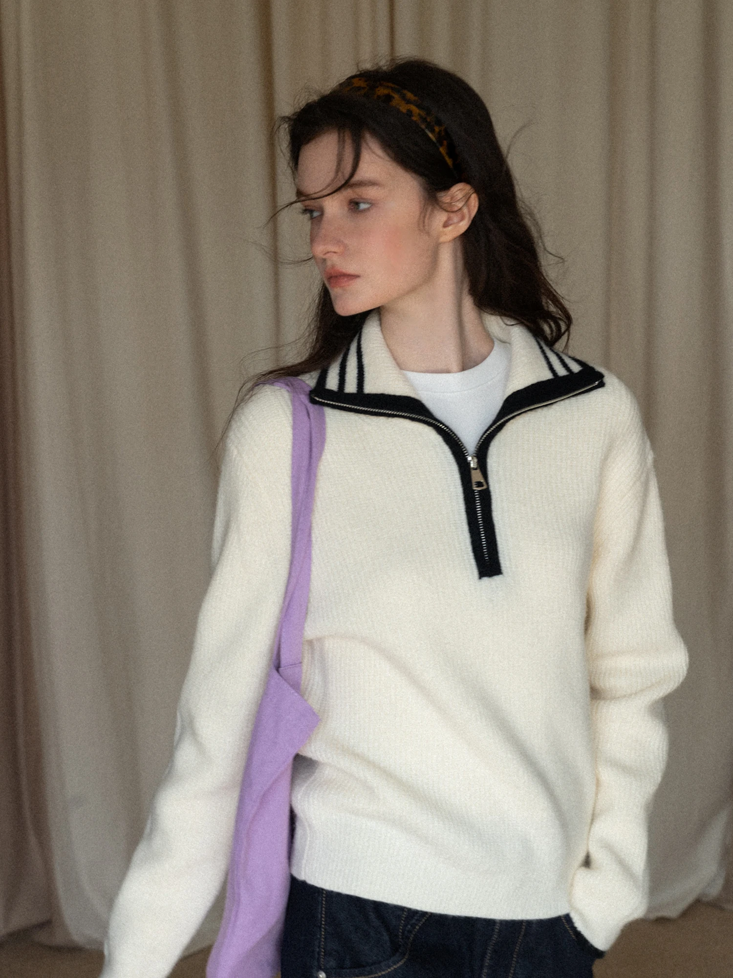 

Свитер с воротником на молнии и цветовыми блоками, мягкий, с круглым вырезом, простой повседневный топ Eggka из нейлона, полиэстера и акрила