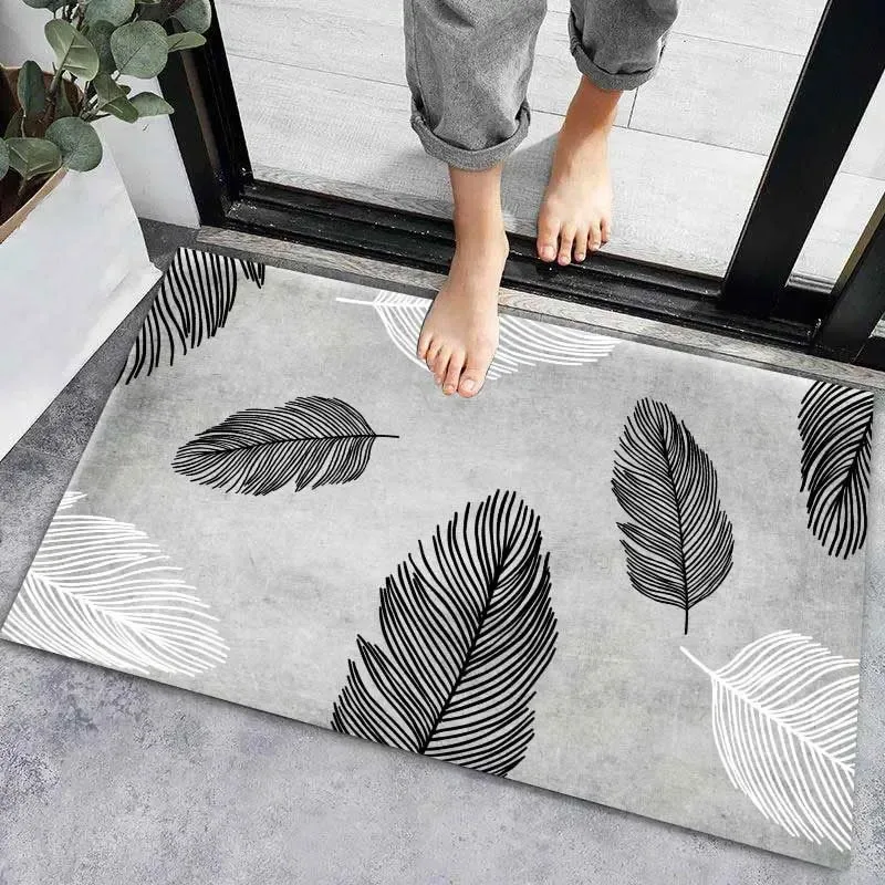 Minimalist Black White Feather Pattern Entrance Rug Modern Line Art Leaf Print Decor Floor Mat  Neutral Grey Tone Home