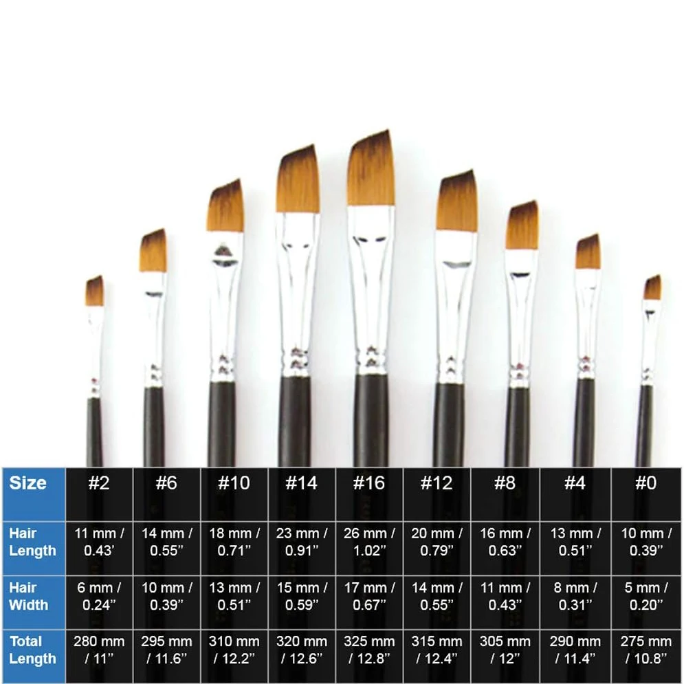 9PC Oblique Tip Nylon Hair Long Handle Angled Paint Brushes Set Art Artist Professional Painting Supplies for Acrylic Watercolor