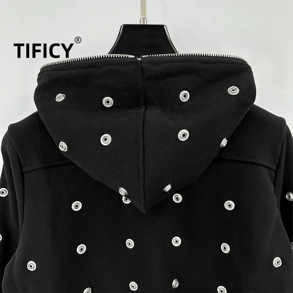 Hooded Sweatshirts Dark Women's winter High Street Style Multi Button Willow Nail Decoration Zip Up Hoodies Sweatshirt Jacket