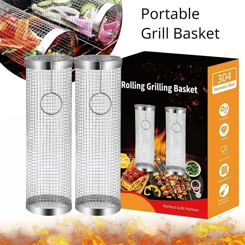 

Nice Stainless Steel Grill Basket Portable Barbecue Cage Rolling Grilling Basket Useful BBQ Grill Basket Outdoor Grill Accessori