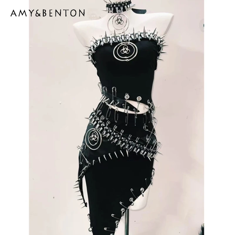 

Original Design Goth Rivet Dark Female Tube Top 2025 New Punk Irregular Short Skirt Sweet Cool Sexy Collar Three-piece Ladies