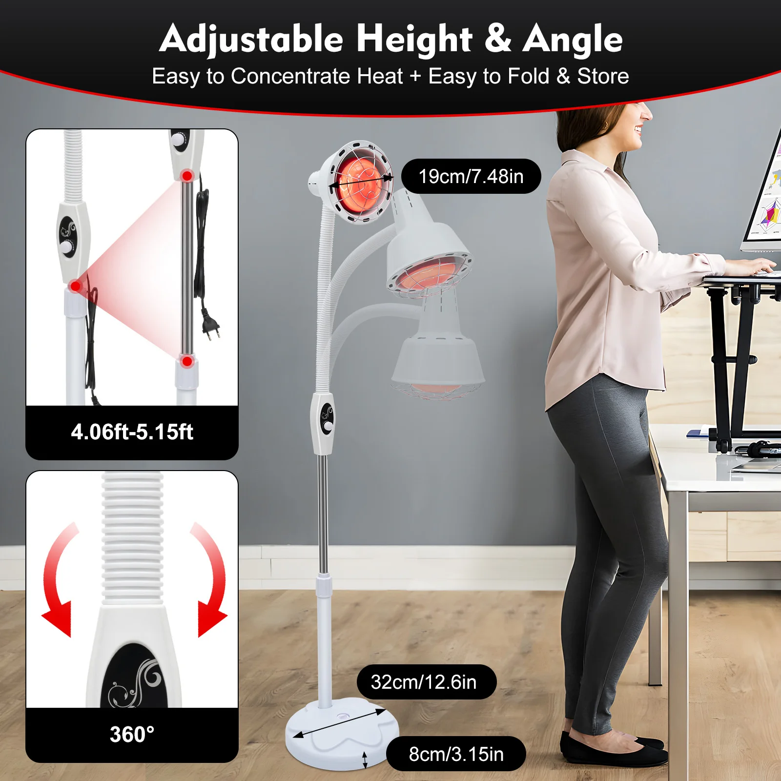 275W Heat Lamp, Heat Light Therapy Bulb Muscle Pain Relief Therapeutic Lamp w/ Adjustable Floor Stand And Temperature