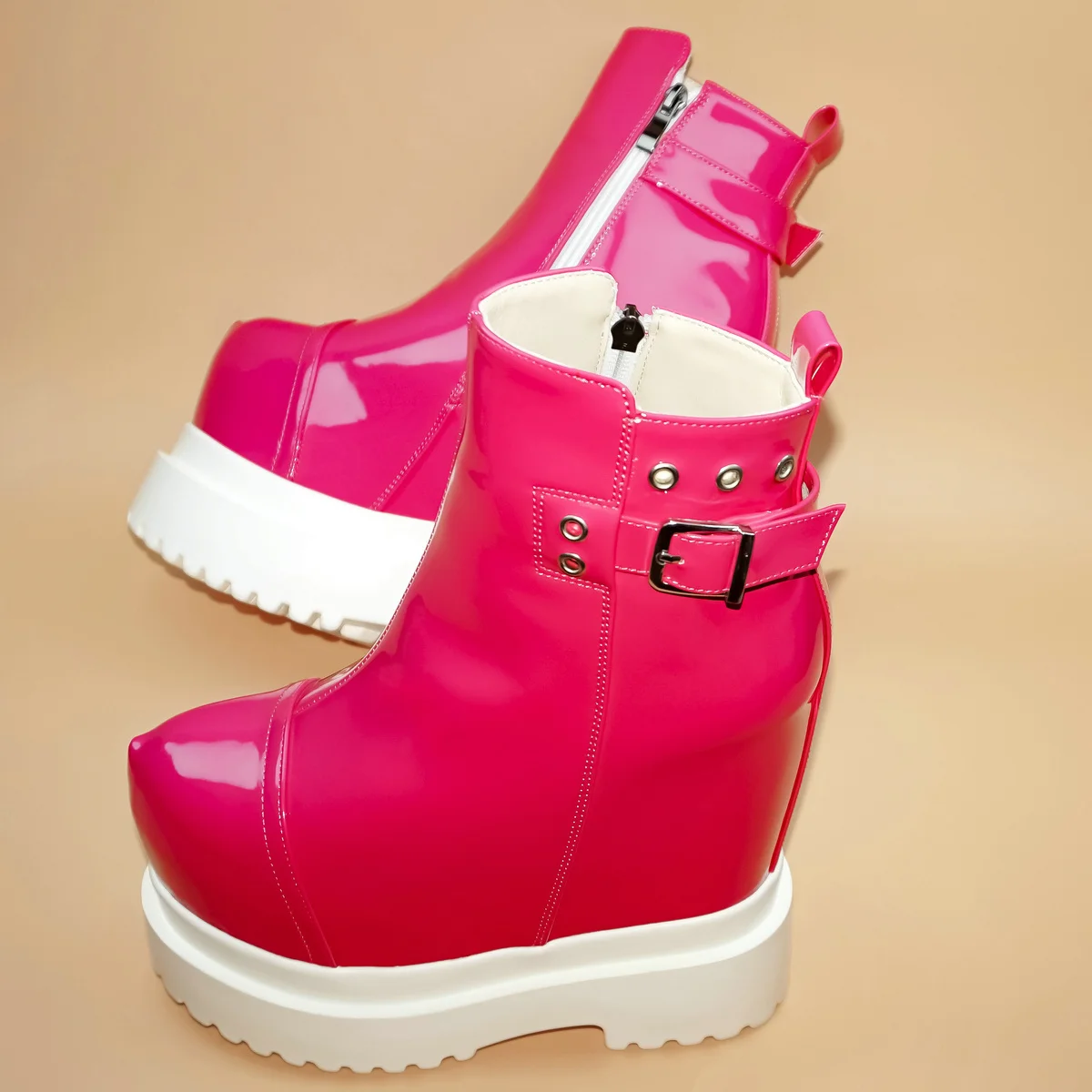 

2025 Winter Warm Platform Pumps Shoes Women Patent Leather Wedges High Heel Snow Boots Round Toe Chunky Sneakers Casual Shoes