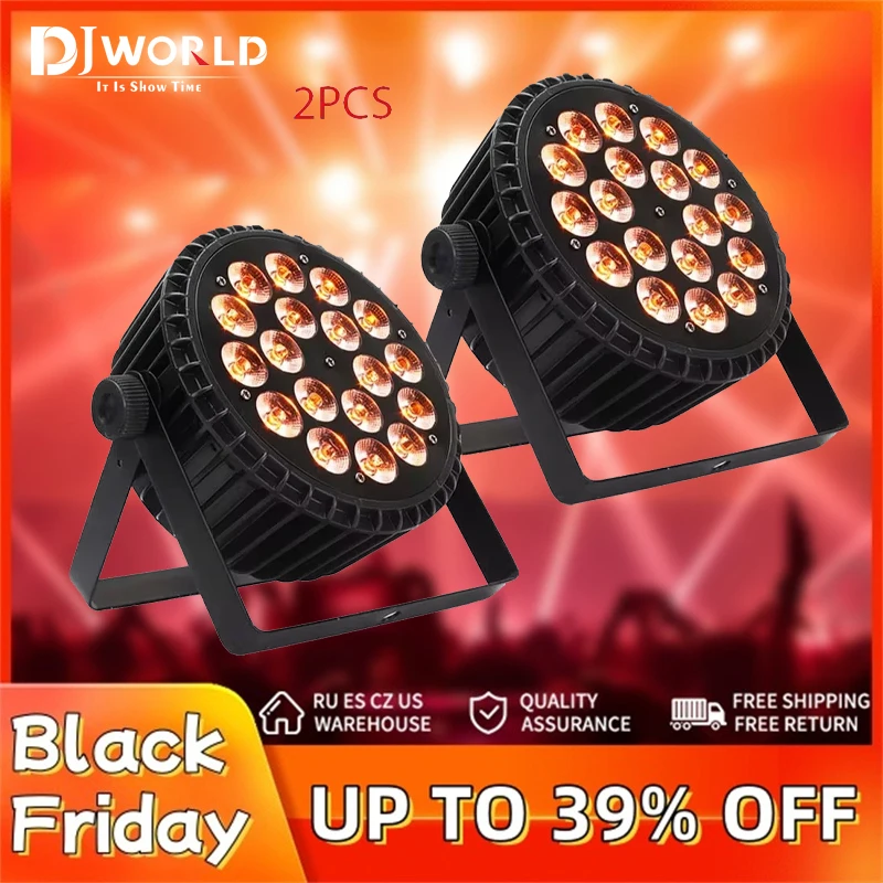 2PCS Aluminum LED Flat Slim Par Light 18x18 RGBWA UV 6in1 Par Light DMX 512 Stage Light DJ Professional for DJ Disco Bar