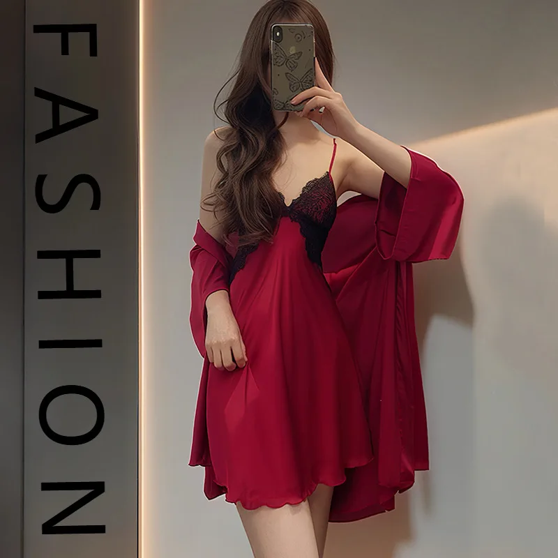 

Pajamas women's summer 2025 new spring and autumn ice lace sexy suspender nightgown nightgown with chest pad pure desire loungew