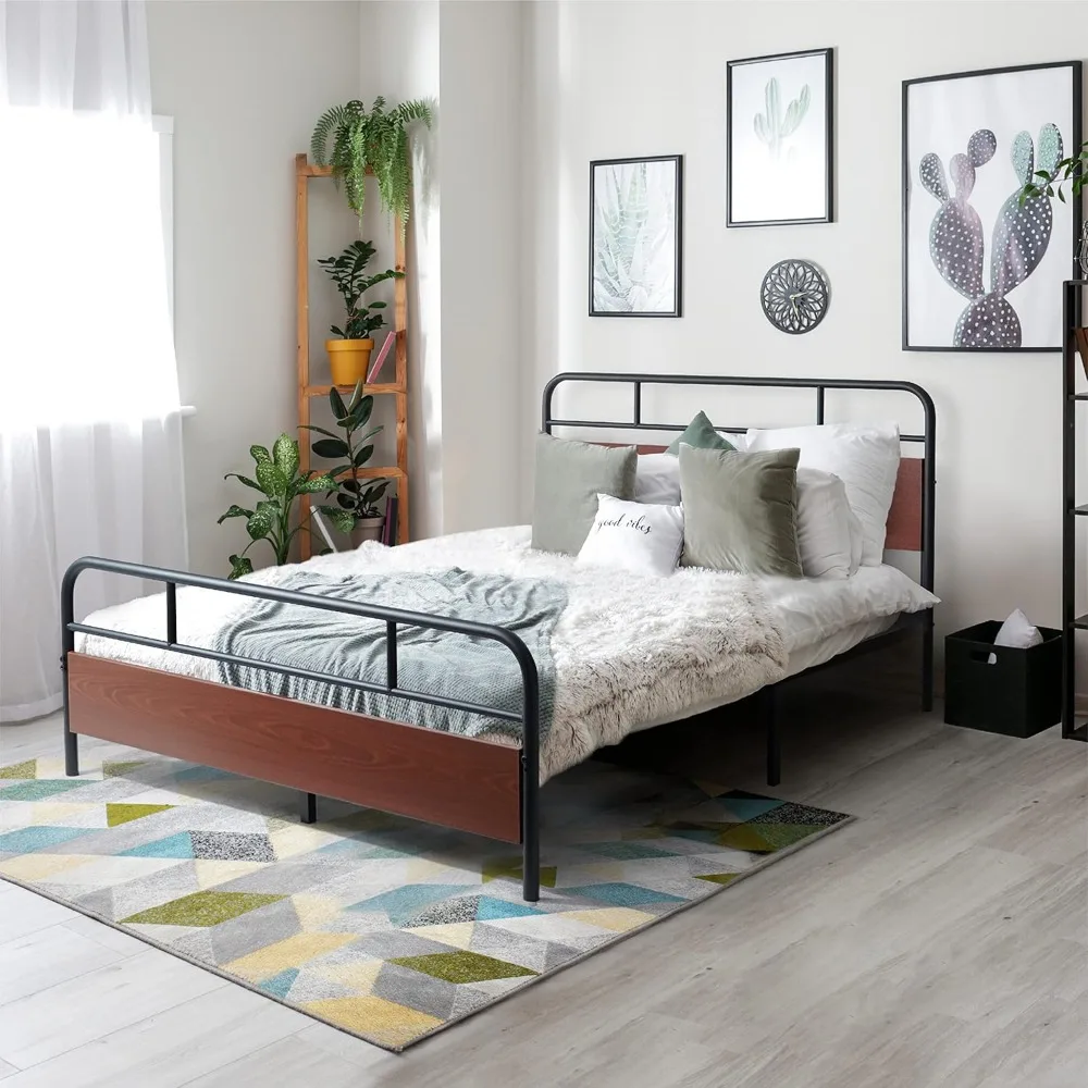 Round Corner Metal Bed Frame with Modern Wood Headboard and Footboard, Mattress Foundation, Metal Platform Bed