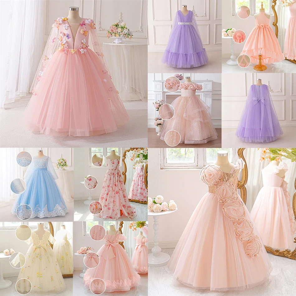 Flower Fairy Princess Clothes Girls Bow Sequin Mesh Gown Floral Trailing Slip Dress Kids Dance Ball Performance Evening Costumes