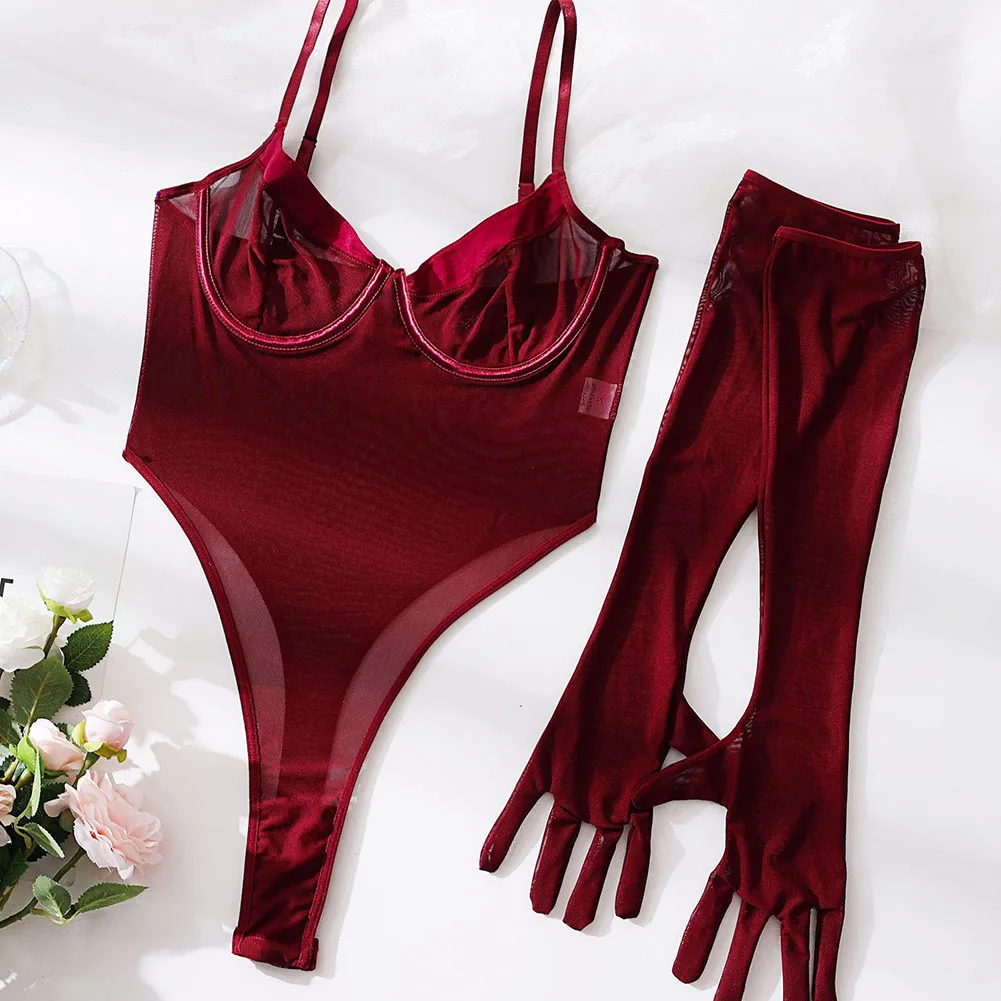 Women Ultra Thin Mesh Perspective Bodysuit Suspender Backless High Slit Jumpsuit Gloves Lingerie Suit Erotic Nightwear Clubwear