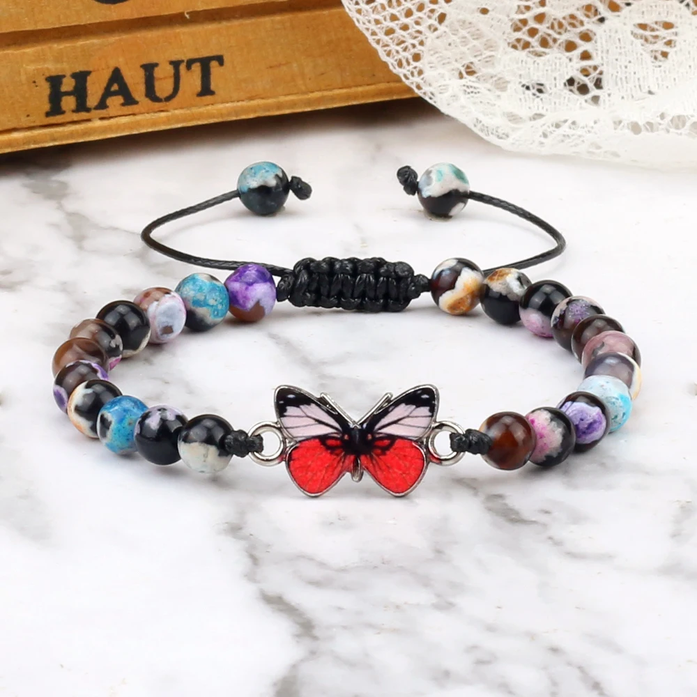 Newest Red Butterfly Charm Bracelets Natural Stone Lucky Beads Bracelets For Women Men Braided Adjustable Rope Jewelry Pulseras image 5