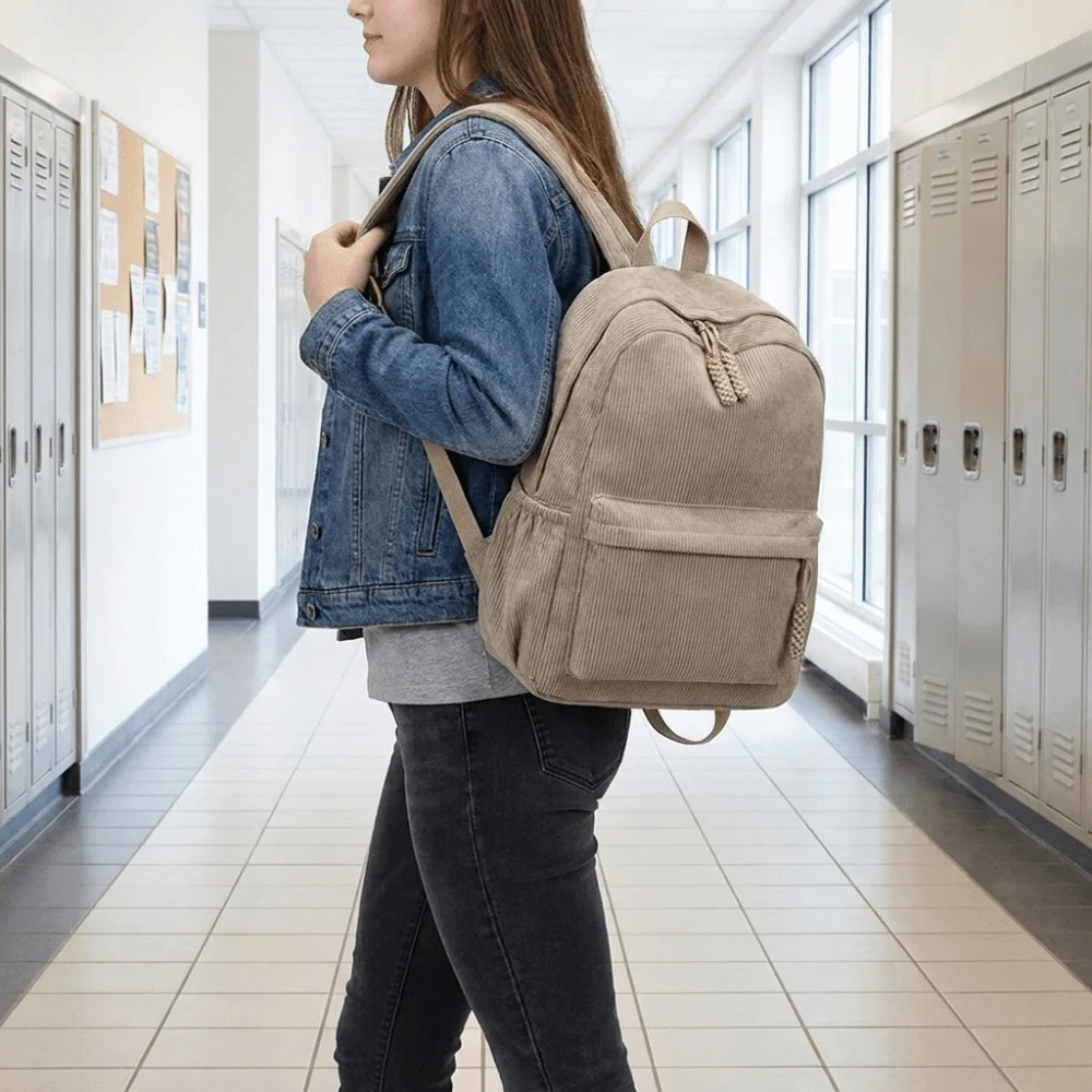 Lightweight Corduroy Backpack Large Capacity Japanese Style Students School Bag Adjustable Shoulder Straps Solid Color