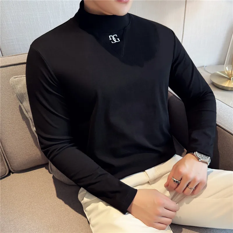 Men's Slim-Fit Long Sleeve T-shirt Fashion Letter Embroidery Half Turtleneck Mid-Collar Black Stretch Bottoming Shirt